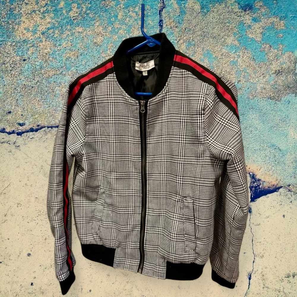 charlotte Russe plaid bomber with red striped shoulders